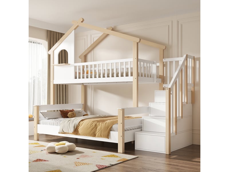  Lit superposé enfant 90x190 et 120x190 cm avec escalier de rangement, blanc et naturel  - Conforama B