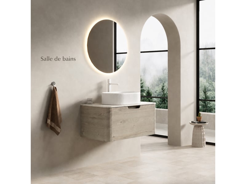  Meuble vasque suspendu 80 cm avec vasque ovale blanche en céramique et plan effet travertin  - Conforama E