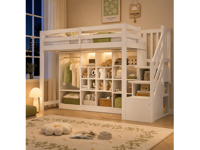  Lit mezzanine 90 x 200 cm avec rangement, armoire, escalier et led, blanc  - Conforama D