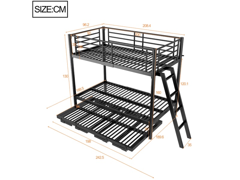 Lit superposé 90 × 200 cm avec lit gigogne coulissant en métal noir, couchage modulable pour chambre d’enfant - Conforama C