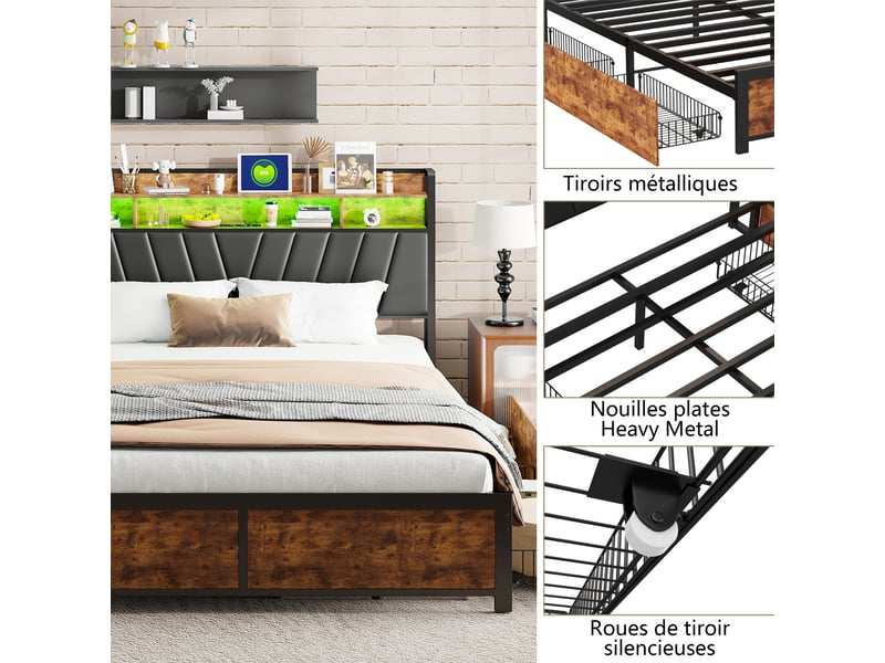 Lit double 180x200cm noir - cadre industriel en métal et bois, 4 tiroirs de rangement, led rvb et prises usb - Conforama D