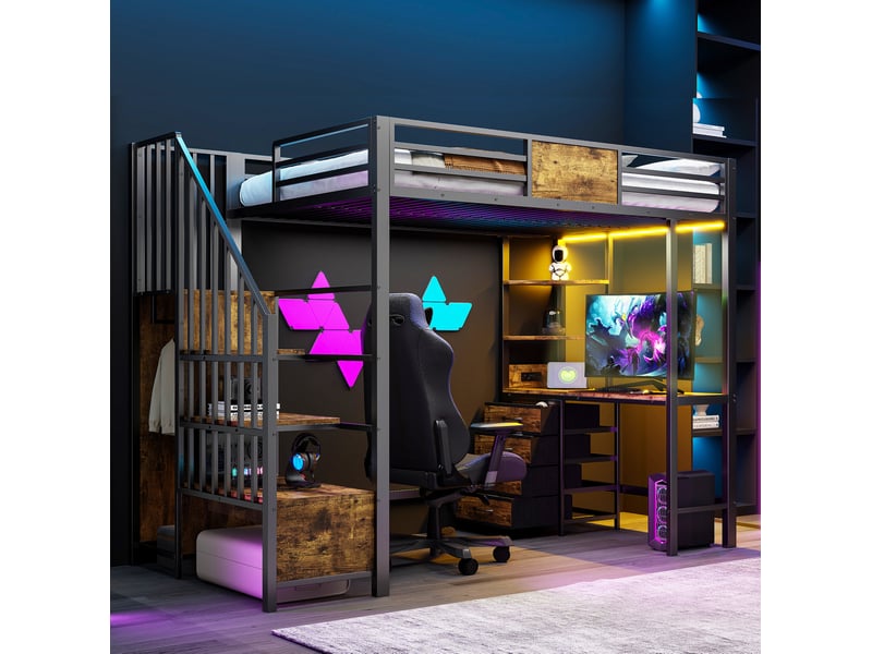  Lit mezzanine 90x200 cm – noir – bureau, rangements, tringle, led, prise et escalier intégrés - sans matelas  - Conforama B