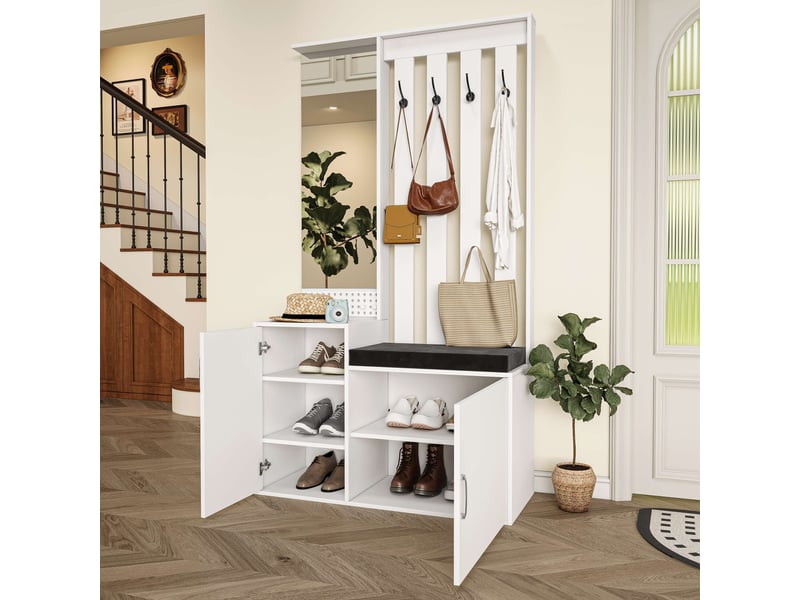  Meuble d'entrée - 100x40x180cm - avec banquette rembourrée, miroir &amp; rangement à chaussures - style moderne - blanc  - Conforama D