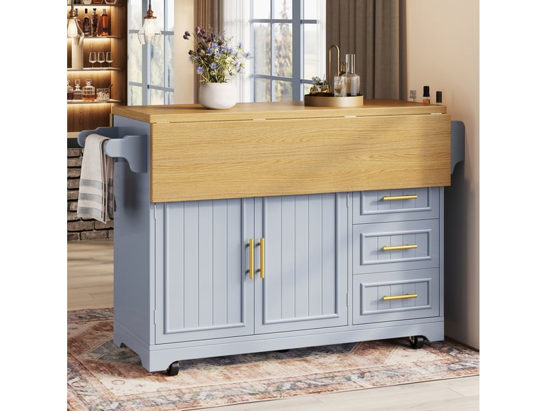  Îlot de cuisine 120x40x95 cm avec plateau extensible et roulettes bleu effet chêne  - Conforama B