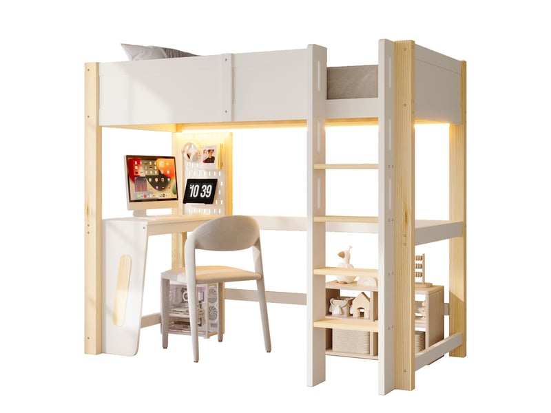  Lit mezzanine 90 x 200 cm, lit enfant surélevé, bureau intégré, éclairage led, sommier à lattes inclus, bois massif, naturel Morn Vibe - Conforama A