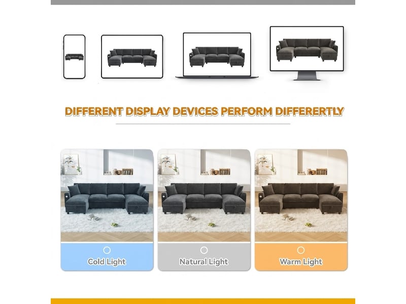  Canapé panoramique 2 places gris en chenille, 279 × 135 × 84 cm, avec rangement et usb et type-c, pour salon  - Conforama C