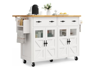Desserte cuisine, îlot central sur roulettes avec plan de travail, plateau extensible, dimensions 140 x 73 x 93,5 cm, mdf, blanc