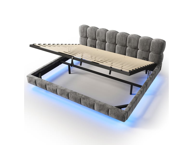 Lit coffre bubble en chenille gris 180x200 cm avec led, usb et type-c Fay Lum - Conforama D