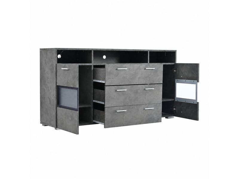  Buffet gris 140 cm avec éclairage led, portes acryliques transparentes et rangements  - Conforama A