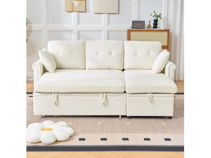  Canapé d'angle convertible 3 places avec coffre, méridienne réversible et poche latérale en chenille beige  - Conforama B