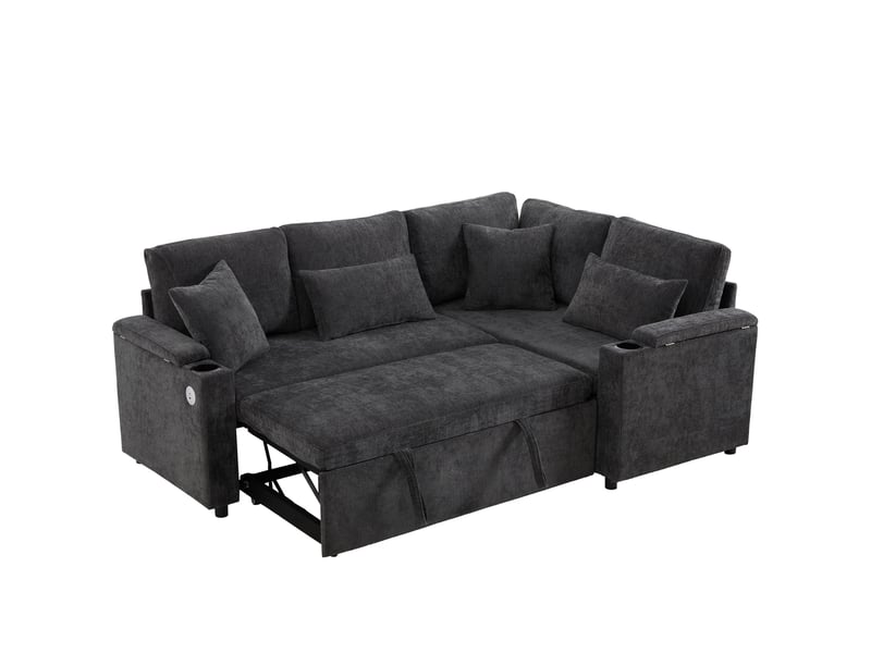 Canapé d'angle convertible 4 places en tissu chenille gris, méridienne fixe à droite, rangement, usb - Conforama A