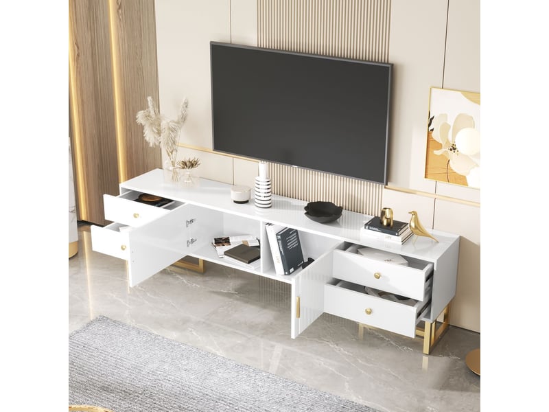  Meuble tv bas avec panneau avant, porte texturée, tiroirs et pieds dorés meuble tv avec rangement  - Conforama D