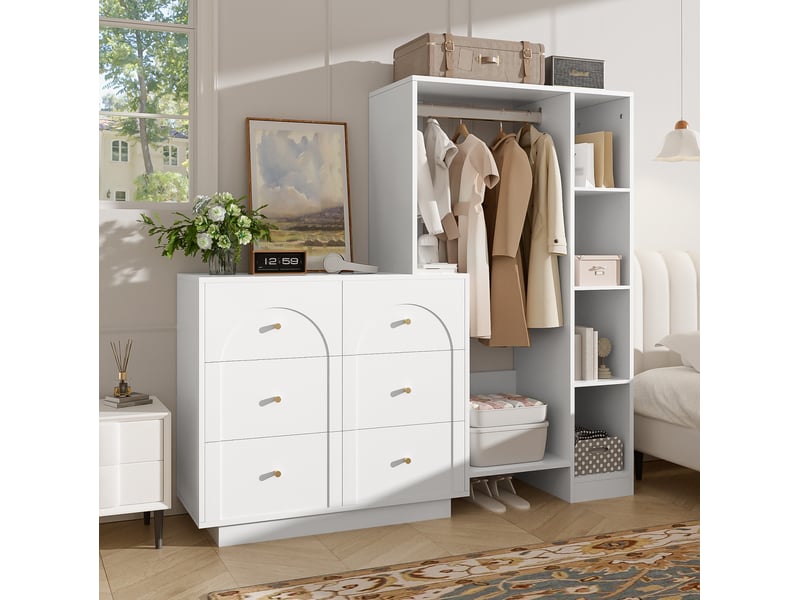  Armoire ouverte multifonctionnelle avec penderie, 6 tiroirs, blanche, 139 x 35 x 133 cm  - Conforama E
