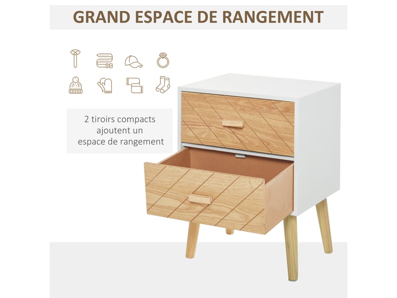  Table de chevet chiffonnier commode meuble de rangement avec 2 tiroirs scandinave en bois 40l x 30l x 56h cm  - Conforama R