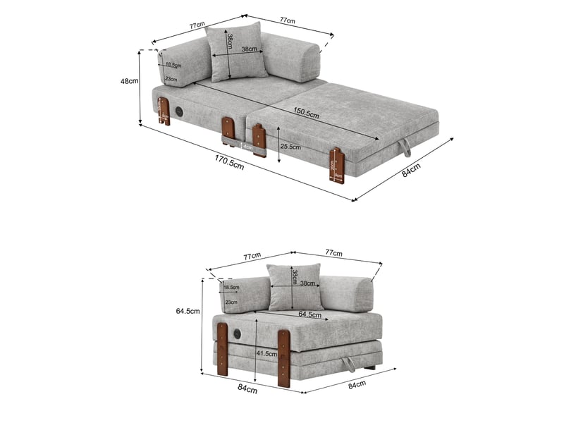  Canapé convertible pliant 2 places avec fonction couchage, coffre, ports usb-c et poches latérales en tissu gris clair  - Conforama D
