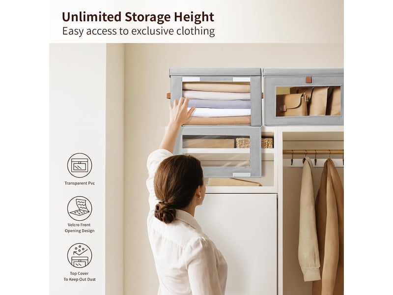  Boîtes de rangement pliables 6 pièces, organiseurs de placard en tissu avec poignées et fenêtre, gris  - Conforama B