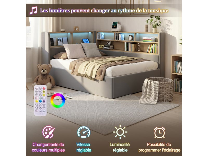  Lit banquette coffre 90x200 cm avec rangement hydraulique, led, usb et usb-c, tête de lit avec étagères, sommier à lattes, velours, gris  - Conforama E