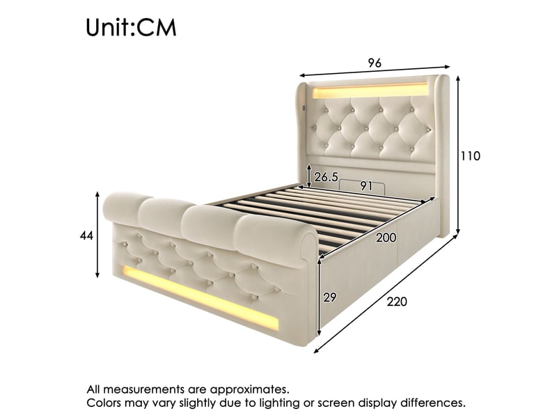  Modenvie lit coffre 90x200 cm - led, ports usb-c et rangement intégré, sans matelas - beige  - Conforama C