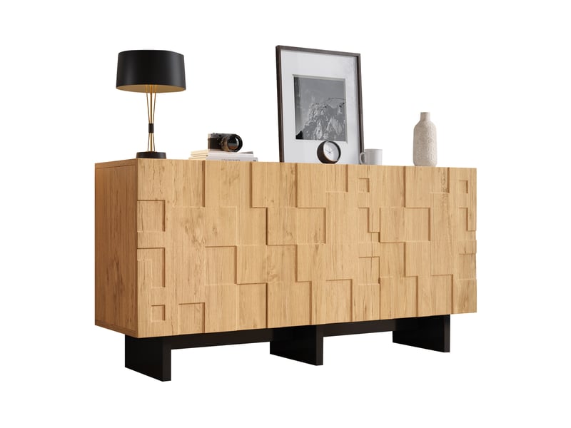  Buffet ulevr 3 portes avec 5 compartiments de rangement, 140 x 40 x 70 cm, ouverture push-to-open, mdf et panneaux de particules, bois naturel  - Conforama A