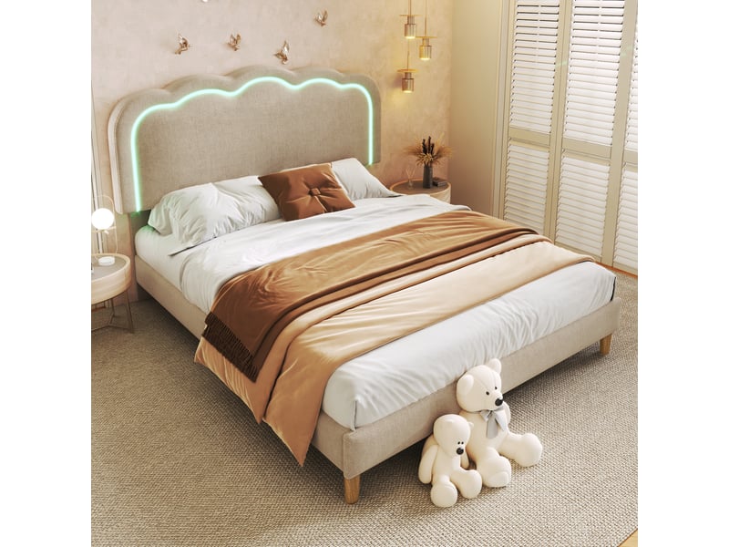  Lit double 140 x 200 cm avec tête de lit réglable, lit enfant avec led, lit 2 personnes avec cadre de lit en bois, tissu en lin  - Conforama A