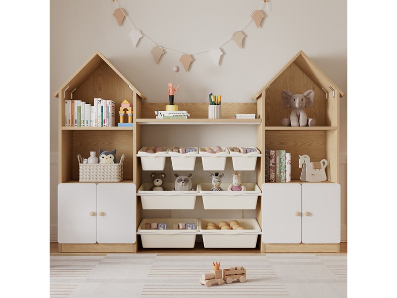 Meuble de rangement enfant - rangements intégrés - organisation des jouets - rangement chambre - hauteur enfant - blanc et naturel CozyNest - Conforama C