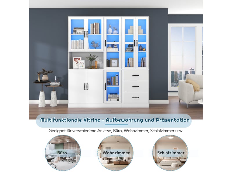  Vitrine haut 180x40x200 cm avec led, 8 portes et 3 tiroirs blanc  - Conforama E