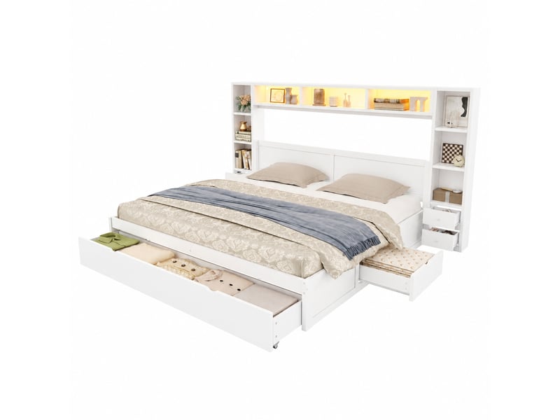  Cadre de lit 180 x 200 avec rangement, 7 tiroirs, tête de lit bibliothèque et led, blanc  - Conforama D