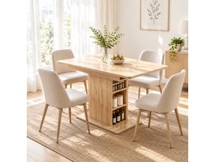 Table à manger extensible 4 à 6 personnes avec 6 étagères - rangement central mdf naturel 110-130 cm