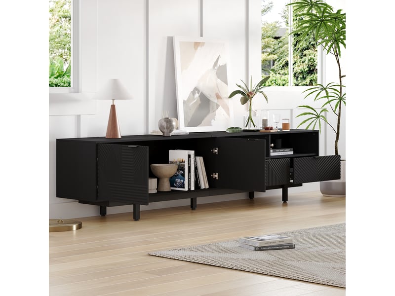  Meuble tv noir 200 x 40 x 51 cm avec rangements, portes, passe-câbles et 5 pieds métal  - Conforama D