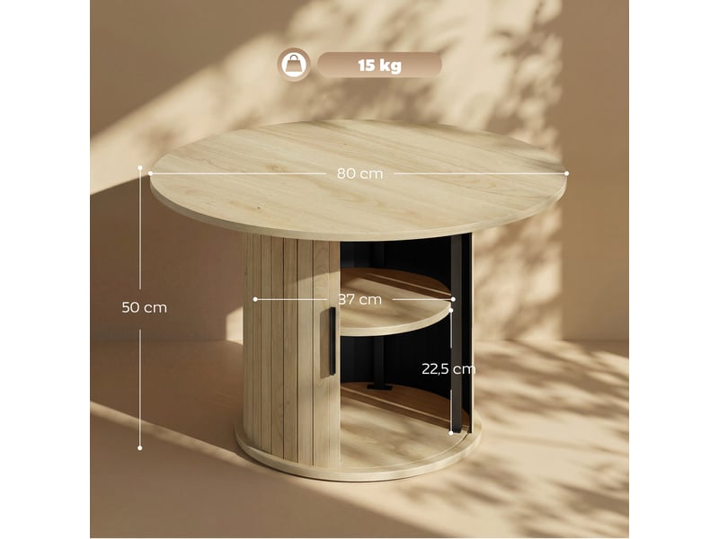  Table basse ronde, table de salon avec rangement, porte coulissante à lattes, 2 étagères, effet bois naturel  - Conforama C