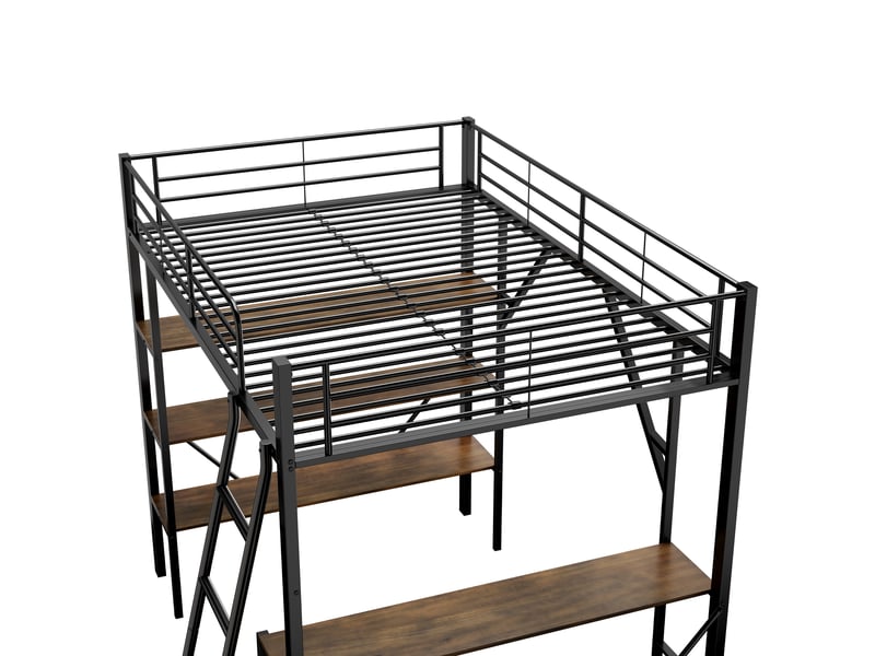  Lit mezzanine 200×90 cm avec bureau, 3 étagères et échelle fixe, en métal et mdf noir  - Conforama E