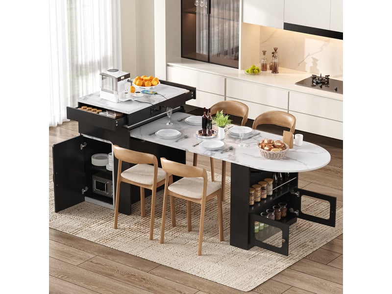  Table de bar - îlot de cuisine sur roulettes, table à manger extensible avec multiprises et éclairage led, buffet, noir  - Conforama C