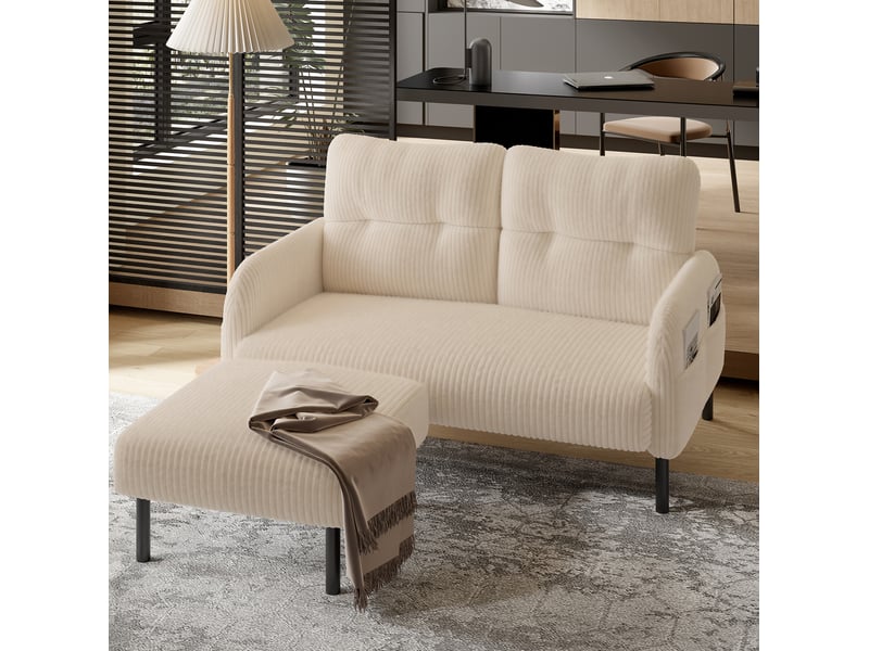  Canapé droit fixe 2 places en velours côtelé beige avec poche latérale, confort pour salon et bureau  - Conforama E