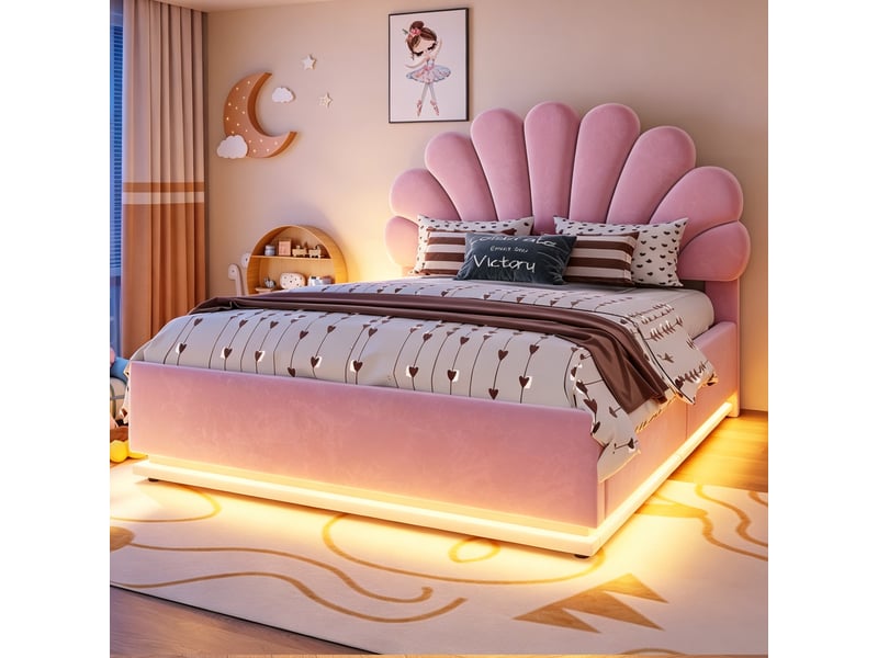  Lit coffre rembourré 140x200 cm coloris rose led velours  - Conforama E