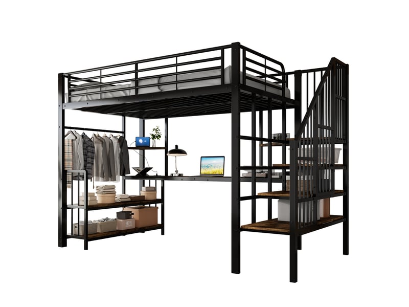  Lit mezzanine 120x200 cm noir et noyer foncé avec escalier, rangement et port de charge  - Conforama A