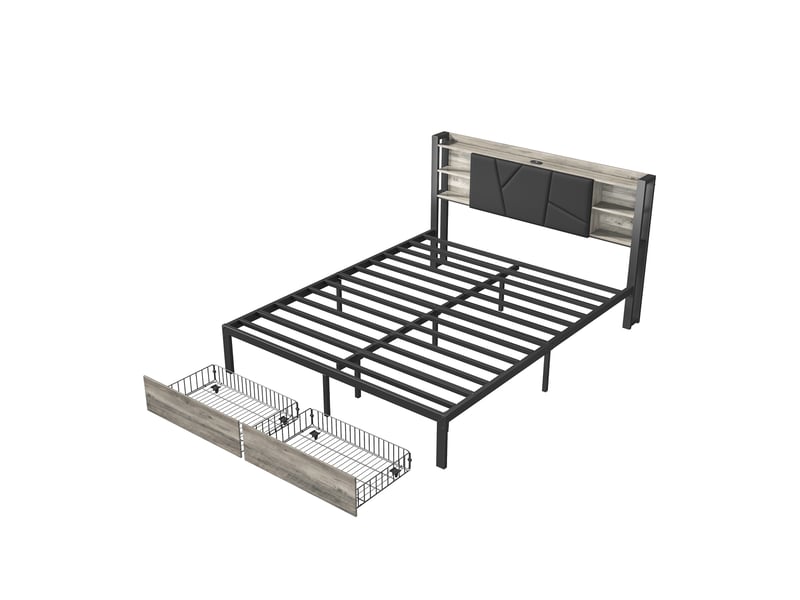  Lit double en fer et bois - 160x200 cm gris - led rvb variable - 2 tiroirs - tête de lit avec rangement et prises usb  - Conforama A