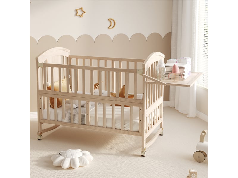  Lit bébé évolutif en bois massif coloris naturel avec table à langer, tablette rabattable, fonction cododo, sans matelas, 120 x 60 x 95 cm  - Conforama B