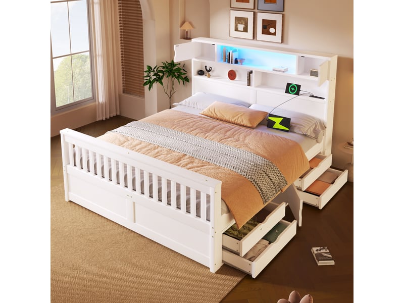  Cadre de lit plateforme 160 x 200 cm avec étagères, led, port usb et quatre tiroirs, coloris blanc  - Conforama C
