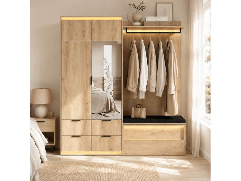  Garde-robe d'entrée 180x47x200 cm avec led, miroir, 2 tringles, 4 tiroirs mdf couleur bois  - Conforama B