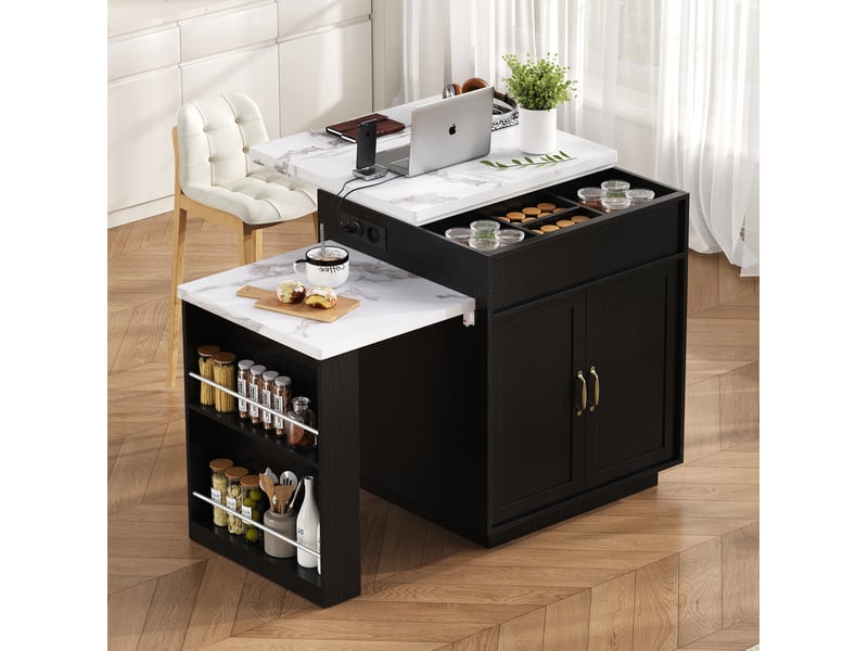  Îlot de cuisine extensible à roulettes 125,5-187,5 cm avec led et prises usb-c, noir  - Conforama E