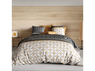 Parure housse de couette 240x220cm + 2 taies motif graphique taupe et jaune 100% coton - orlado