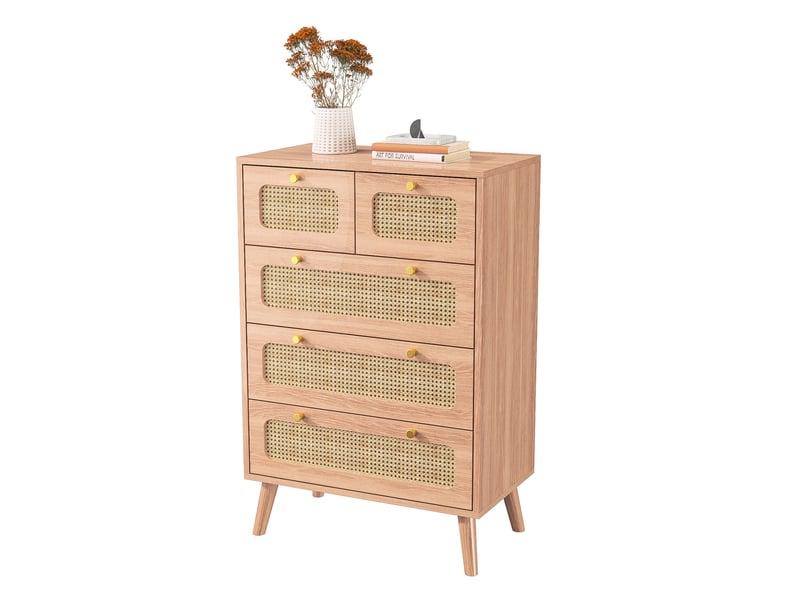  Commode 5 tiroirs - 60x34x91cm - commode en rotin tressé avec boutons dorés &amp; dispositif anti-basculement - chêne clair  - Conforama A