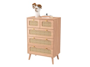 Commode 5 tiroirs - 60x34x91cm - commode en rotin tressé avec boutons dorés & dispositif anti-basculement - chêne clair