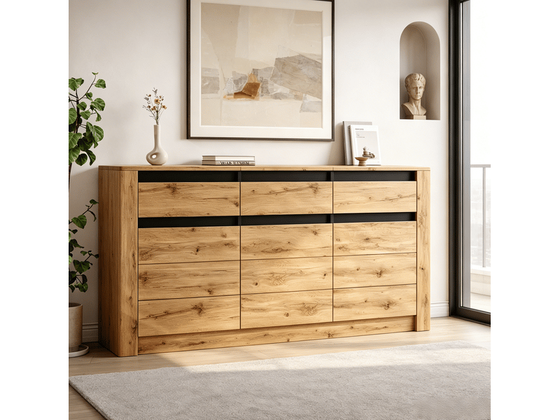 Buffet 135x35x70 cm, avec 3 tiroirs et 3 portes, rangement modulable, bahut salon, salle à manger, aggloméré naturel - Conforama B