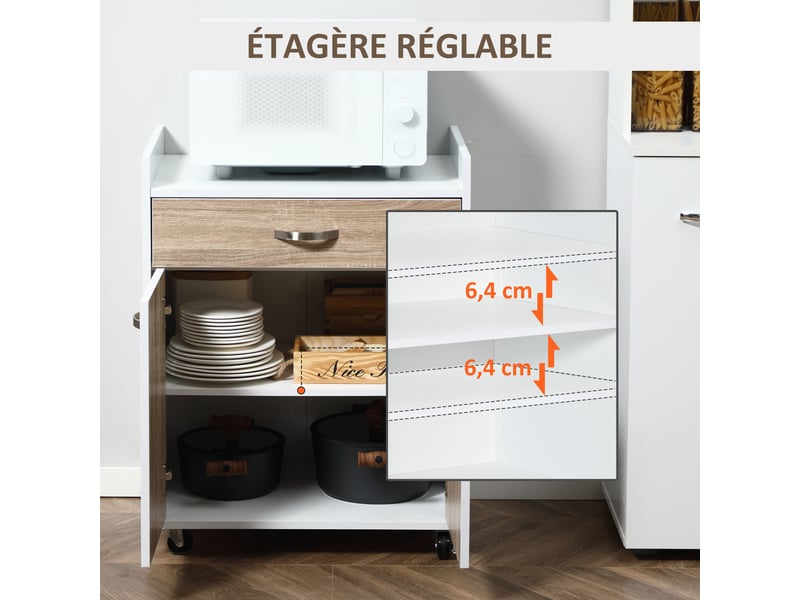  Chariot de service desserte de cuisine à roulettes tiroir placard 2 portes étagère en bois aspect blanc chêne clair  - Conforama E