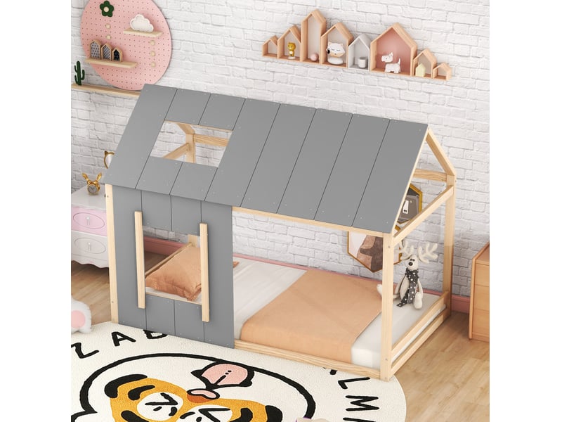  Modenvie lit enfant cabane 90x200 cm - avec toit et fenetre, structure en pin - pour chambre d enfant - naturel  - Conforama D