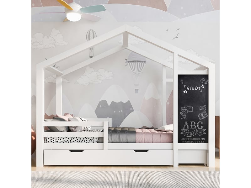  Lit cabane enfant 90 x 200 cm avec tableau et 2 tiroirs, barrières et sommier à lattes, blanc, pin massif 357576AAW - Conforama B