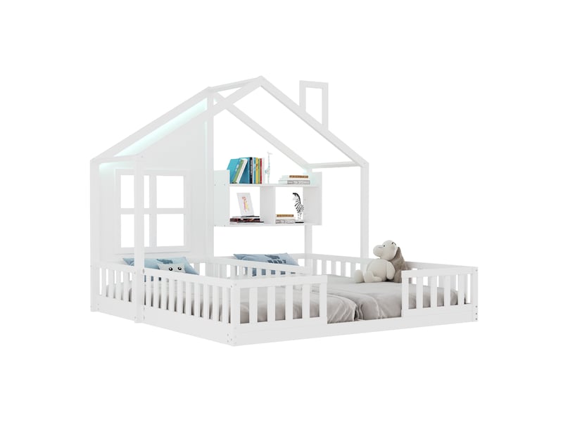  Lit enfant en bois 90 × 200 cm blanc, design maison, led, garde-corps et rangements.  - Conforama A