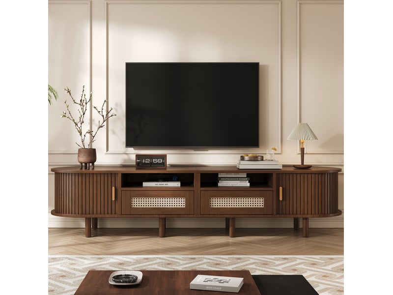  Meuble tv ovale meuble tele bas avec 2 tiroirs, 2 portes coulissantes, rangement mdf décor bois foncé, 170x40x40 cm  - Conforama B
