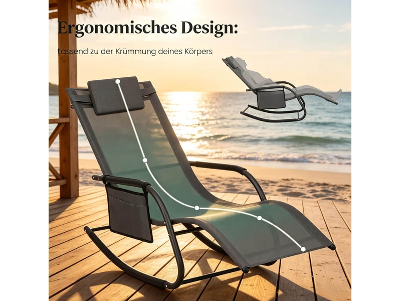 Transat à bascule gris en tissu avec structure métal, poche latérale et appui-tête, pour terrasse ou jardin - Conforama D